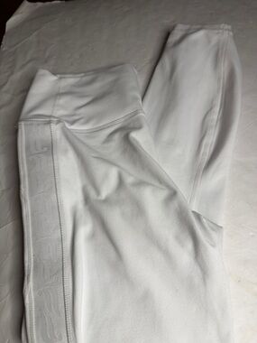 Fabletics power hold White Athletic Leggings with Subtle Jacquard leg Logo